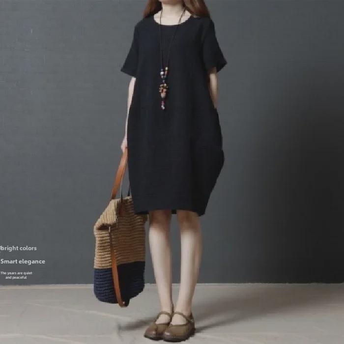 Women's Plus Size Casual Summer Dress - Solid Color, Cotton & Linen, Short Sleeves