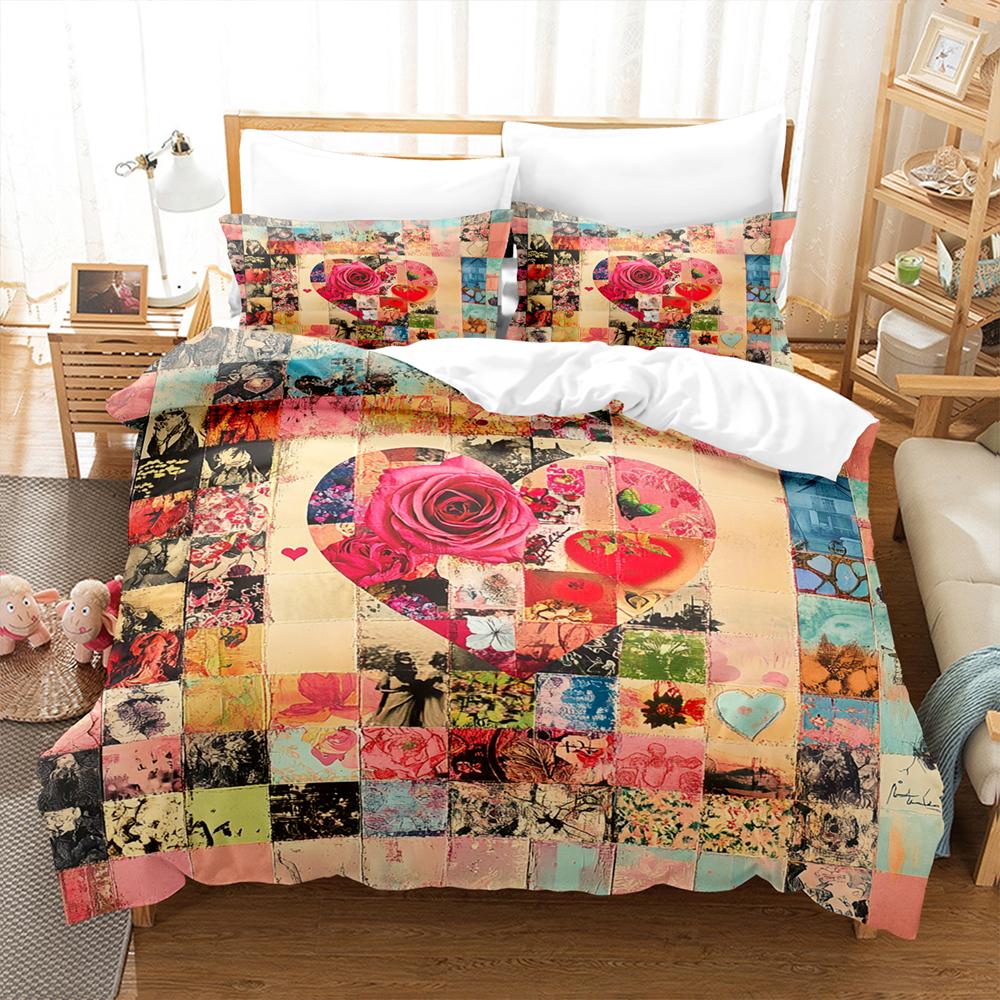 Love Heart And Newspaper Splicing Bedding Set Comforter Cover Soft Romantic Duvet Cover For Girls Women Room Valentine's Day
