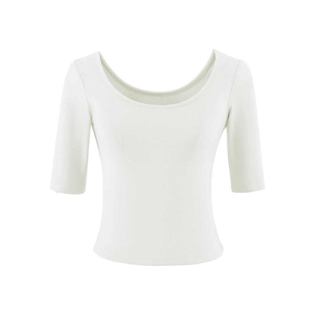 U-neck medium-sleeved T-shirt women's summer new American Spice Girl solid color slim-fitting and thin bottoming shirt top