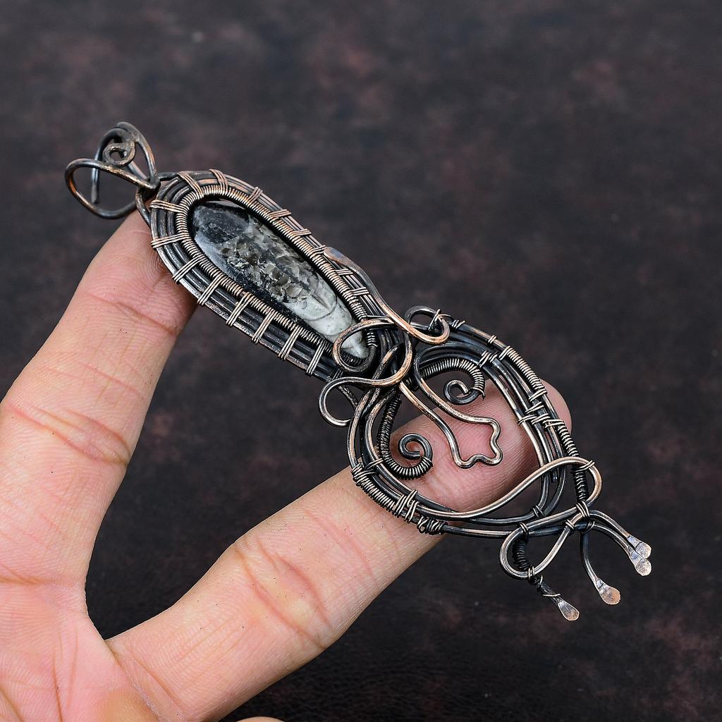 Подвеска Orthoceras Fossil, подвеска из медной проволоки, подвеска ручной работы, изящная медная бижутерия, подвеска для женщин, подвеска из драгоценных камней, подарок для него