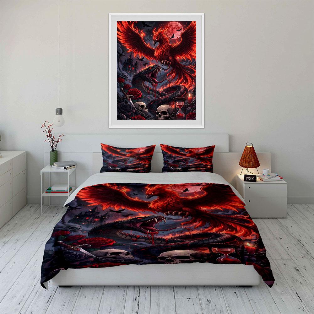 Fiery Phoenix and Serpent Design Bedding Duvet Cover Set (1*Duvet Cover 2*Pillowcases, without duvet insert)