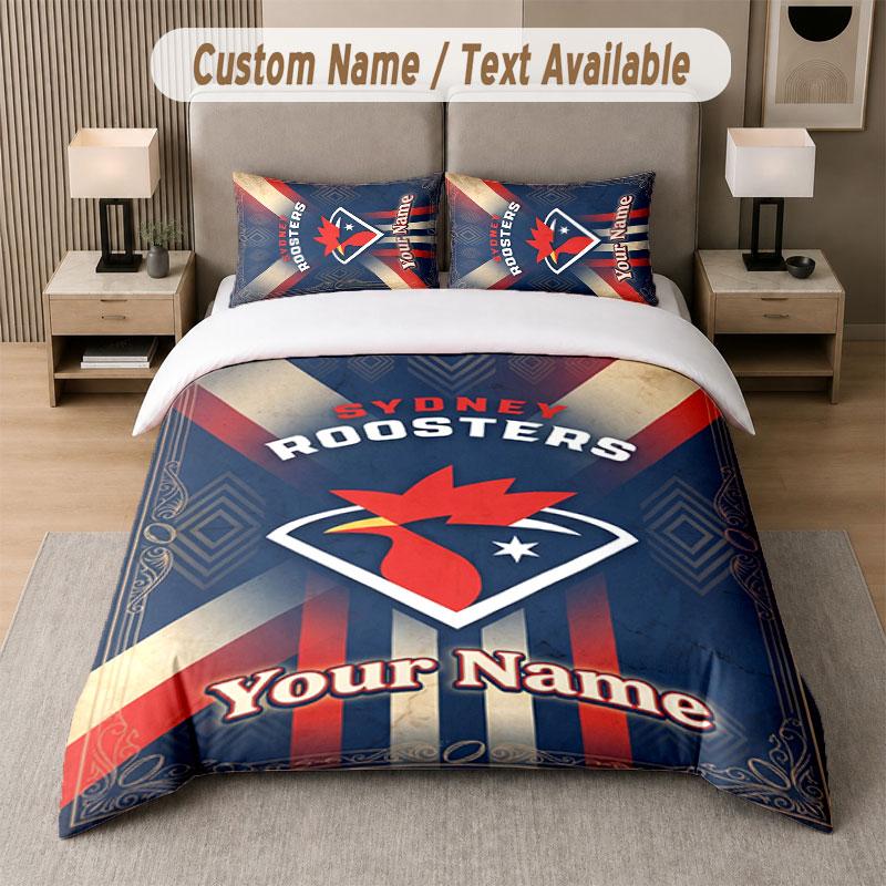 Custom Bedding Set Sydney Roosters Pattern, Print Name Text 1 Duvet Cover plus 2 Pillowcases Home Textile