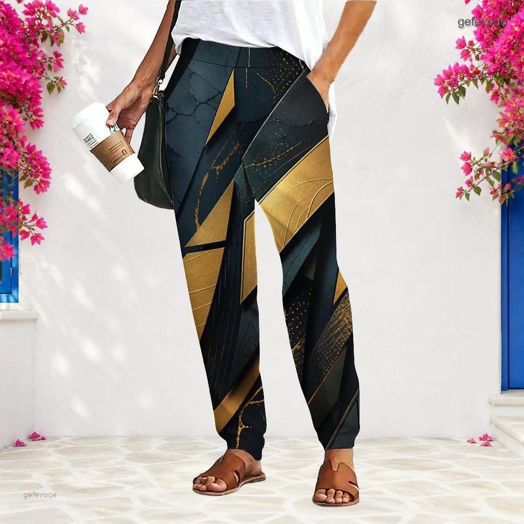 Women Plus Size Loose Fit Straight Long Pants Black Blue Mandala Printed With Pockets