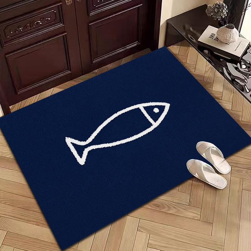 VIKAMA Simple Line Fish Doormat Navy Blue Non Slip Water Absorbent Floor Mat Entrance Bathroom Home Decor