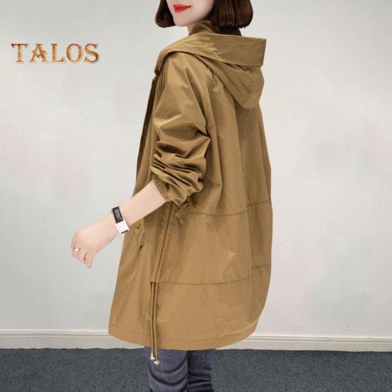 Осень-весна женское пальто с капюшоном на молнии с длинными рукавами Свободный кардиган на шнурке Пальто средней длины с карманами Тонкая повседневная одежда Рабочая уличная ветровка