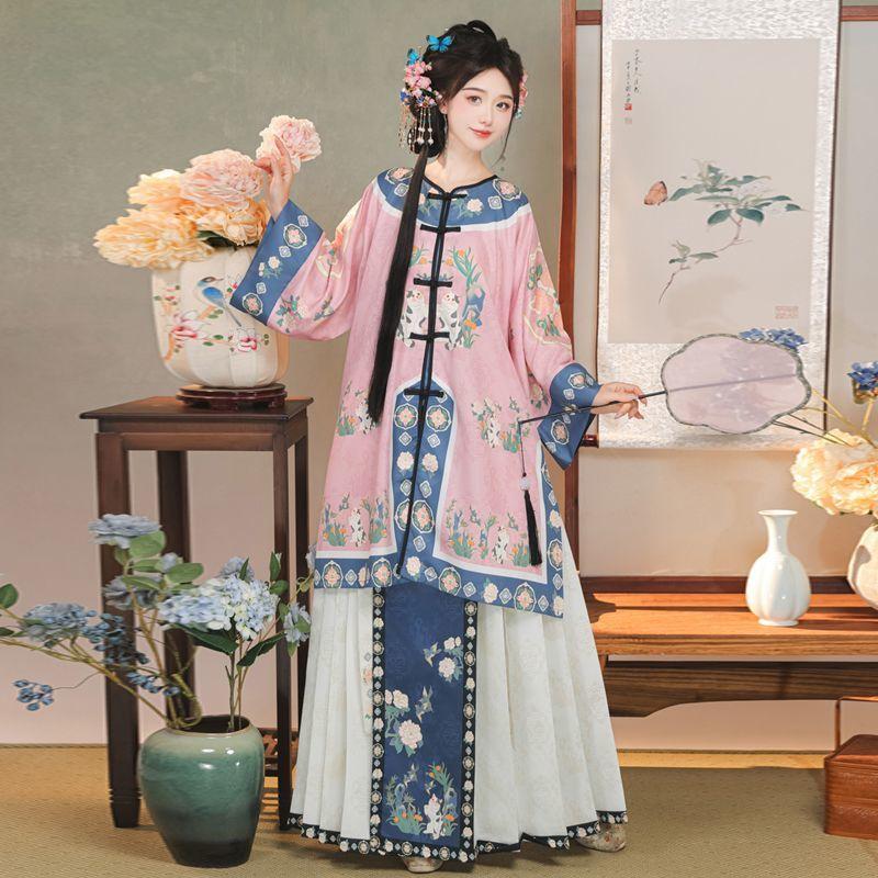 Восстановленный национальный костюм в китайском стиле династии Цин, топ с круглым вырезом, юбка с принтом в стиле ретро, ​​женский костюм