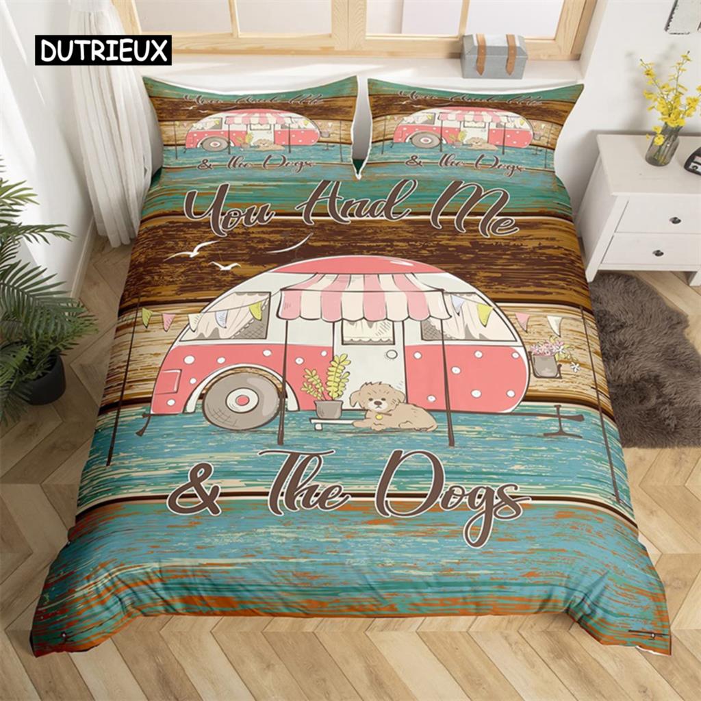 Пододеяльник в деревенском стиле с рисунком в виде эскиза, наволочка из полиэстера с рисунком Happy Camper, наволочка для пододеяльника в стиле старого амбара