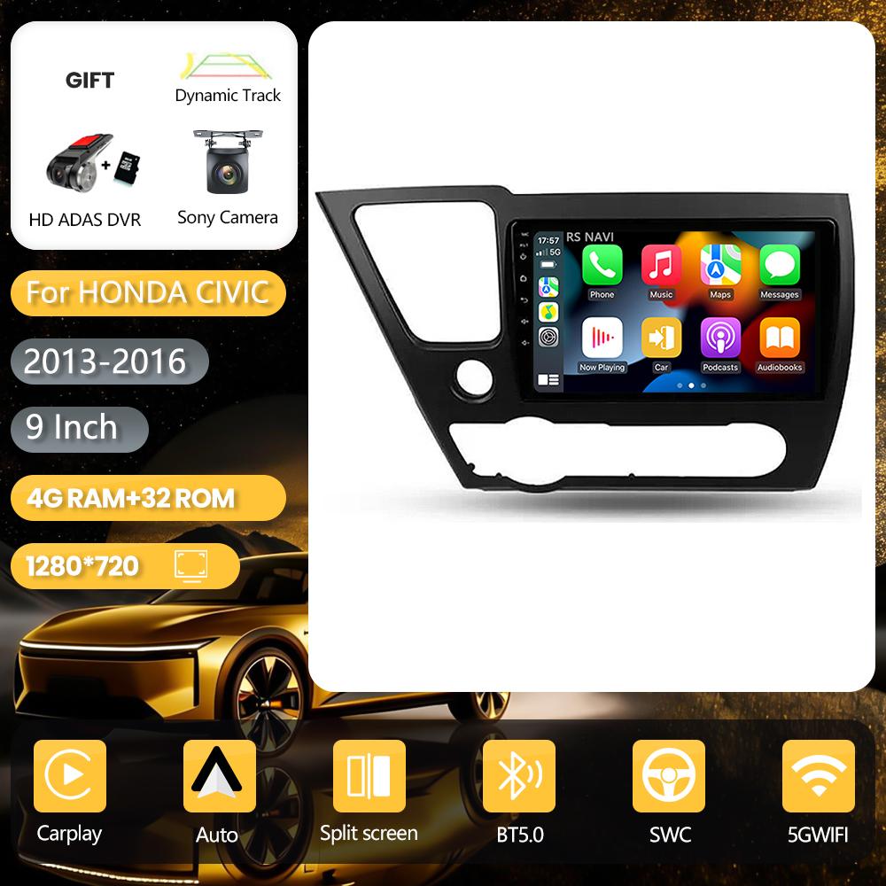 Autoradio multimédia RSNAVI Android 16 pour Honda Civic 9 2013-2016, Carplay, contrôle par application, 2DIN, WiFi+4G