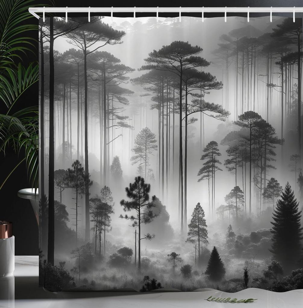 Черно-белая шторка для душа туманные высокие деревья лесной массив природный ландшафт ткань украшение для ванной шторка для душа с крючком