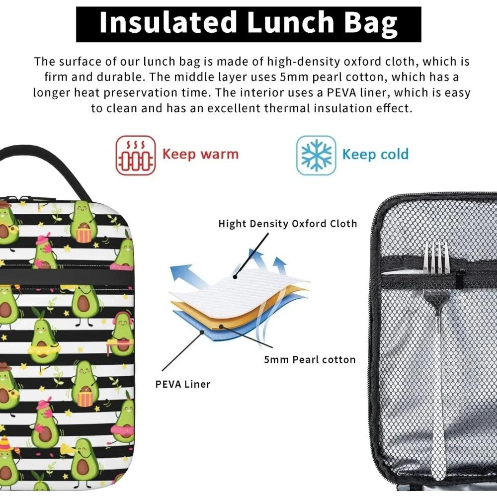 Cute Avocado Lunch Bag Black and White Stripes Thermal Lunch Box Insulated Meal Bag Food Container for School Work Picnic Travel