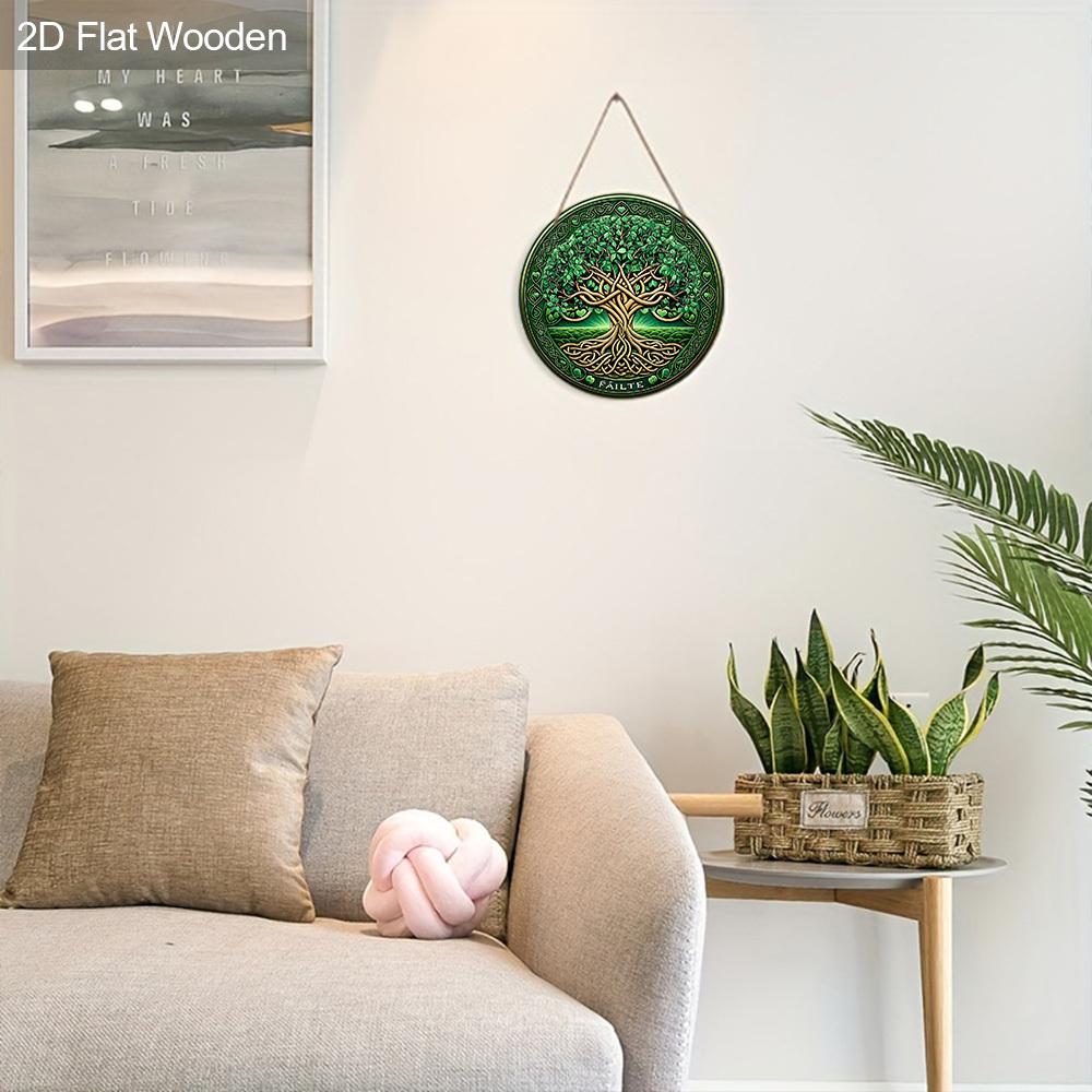 1pc Green Tree of Life Ornament Wooden 2D Flat Hanging, Xmas Decorations, Round-shaped Hanging Wall or Door Decor, Holiday Party Decor, Home Garden