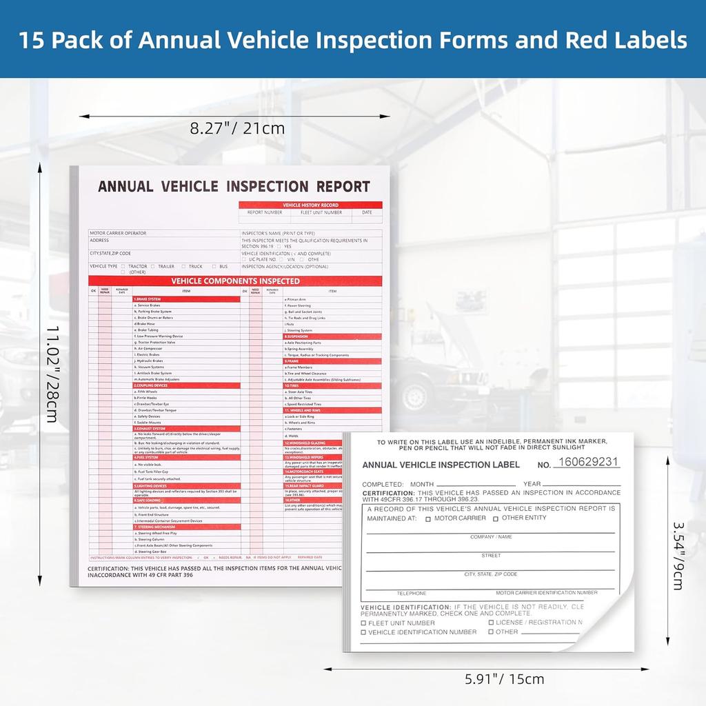 15-Pack Annual Vehicle pection Report Form, 3-Ply Carbonless Form and Hardboard, Includes 15-Pk 2-Ply FMCSA Vinyl Adhesive Label for Annual pections,