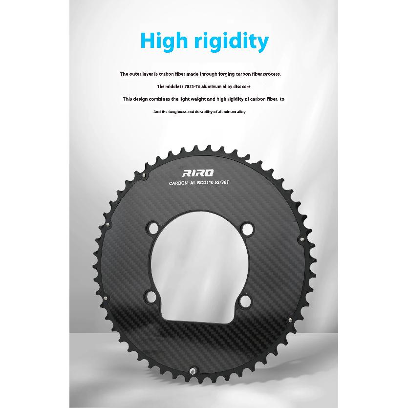 RIRO Carbon Fiber Chainrings 10-12S Super Light Road Bike Chainwheel 50-34/52-36/53-39/54-40T for Shimano 4-Bolts 110BCD Crank