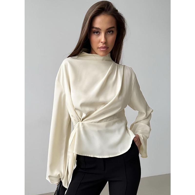 Women S Chiffon Long Sleeve Slit Waist Casual Shirt