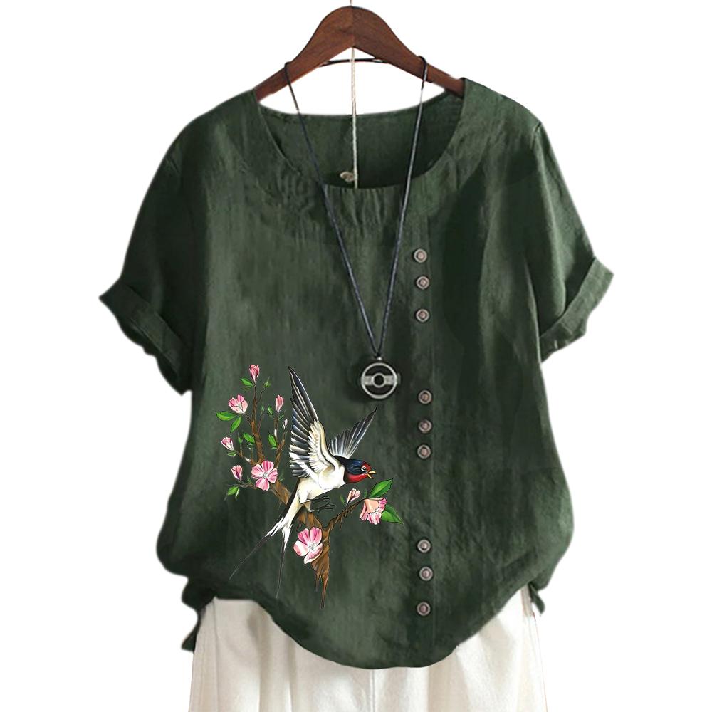 Ladies' Round Neck Short Sleeve Top with 11 Colorful Floral Designs