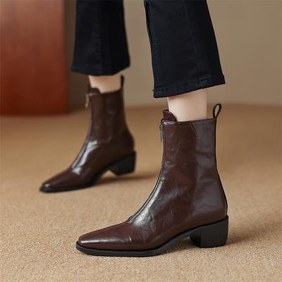 FOREADA Женские ботильоны с квадратным носком, блочным средним каблуком и молнией, короткие ботинки, лаконичная женская модная обувь, осень-зима, черный, коричневый, 43