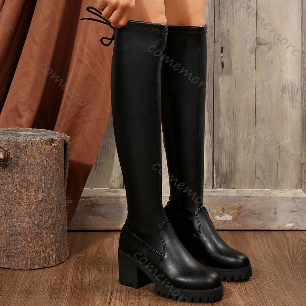 Fashion Comemore Autumn and Winter New Black Knee High Boots for Women Leather Chunky High Heels Female Long Botas Fashion Women's Shoes