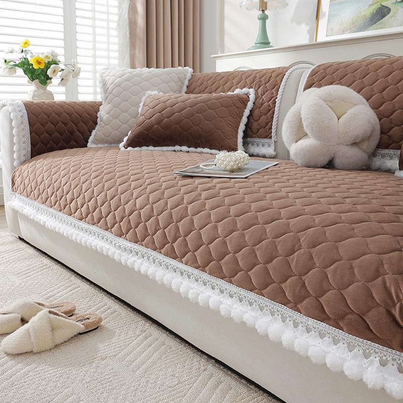 Cream Wind Crystal Fleece Sofa Cushion Winter New Thickened Plush Seat Cushion Living Room Non-Slip Sofa Cover