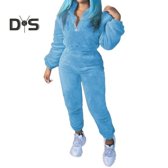 2 шт./комплект женский топ брюки костюм однотонный длинный рукав воротник стойка топ эластичный пояс толстые плюшевые брюки спортивный фитнес костюм пижама осень зима