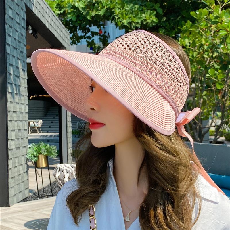 New Summer Women Fodable Straw Hats Fashion Bowknot Sun Hat Hollow Out Beach Caps For Female Visor Empty Top Panama Hat
