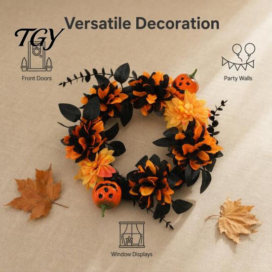 Gothic Skull Ornament Halloween Wreath for Front Door, Artificial Fall Maple Leaf Rose Pumpkin Vintage Dark Aesthetic Party Supplies Wreath,