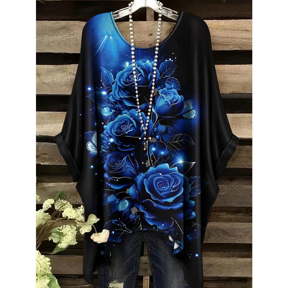 Plus Size Women's Elegant Bohemian Vacation Style Plus Size Irregular hem Crew Neck T-Shirt