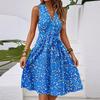 Women's Spring And Summer Casual V-Neck Sleeveless Waist Floral Print Midi Dress