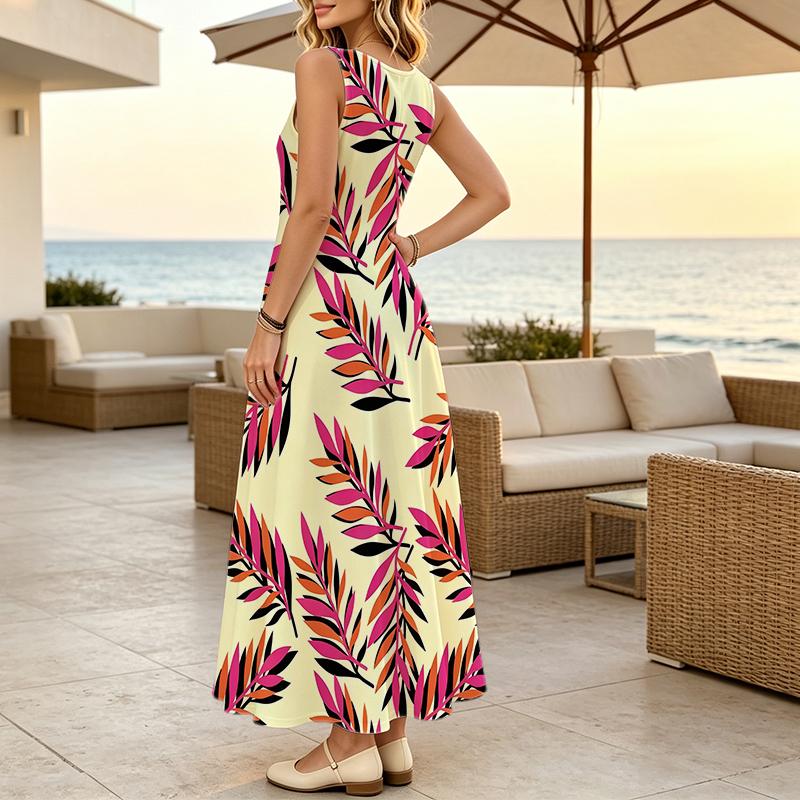 Summer Bohemian Floral Sleeveless Maxi Dress Loose Fit Comfortable Casual Long Dress for Vacation & Daily Wear