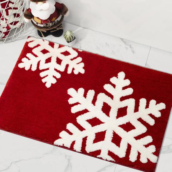 Christmas Bathroom Rug Xmas Snowflake Door Mat Flannel Floor Mat Absorbent Non-Slip Bath Mat for Xmas Home Decor