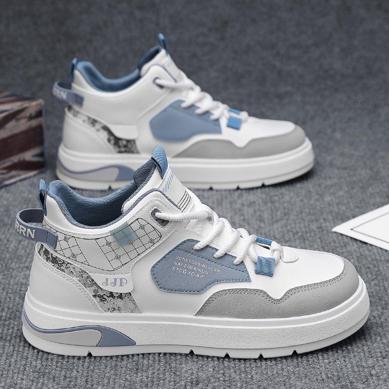 Autumn new leather splicing contrasting color platform heightening board shoes fashion casual outdoor sports shoes high top men's shoes