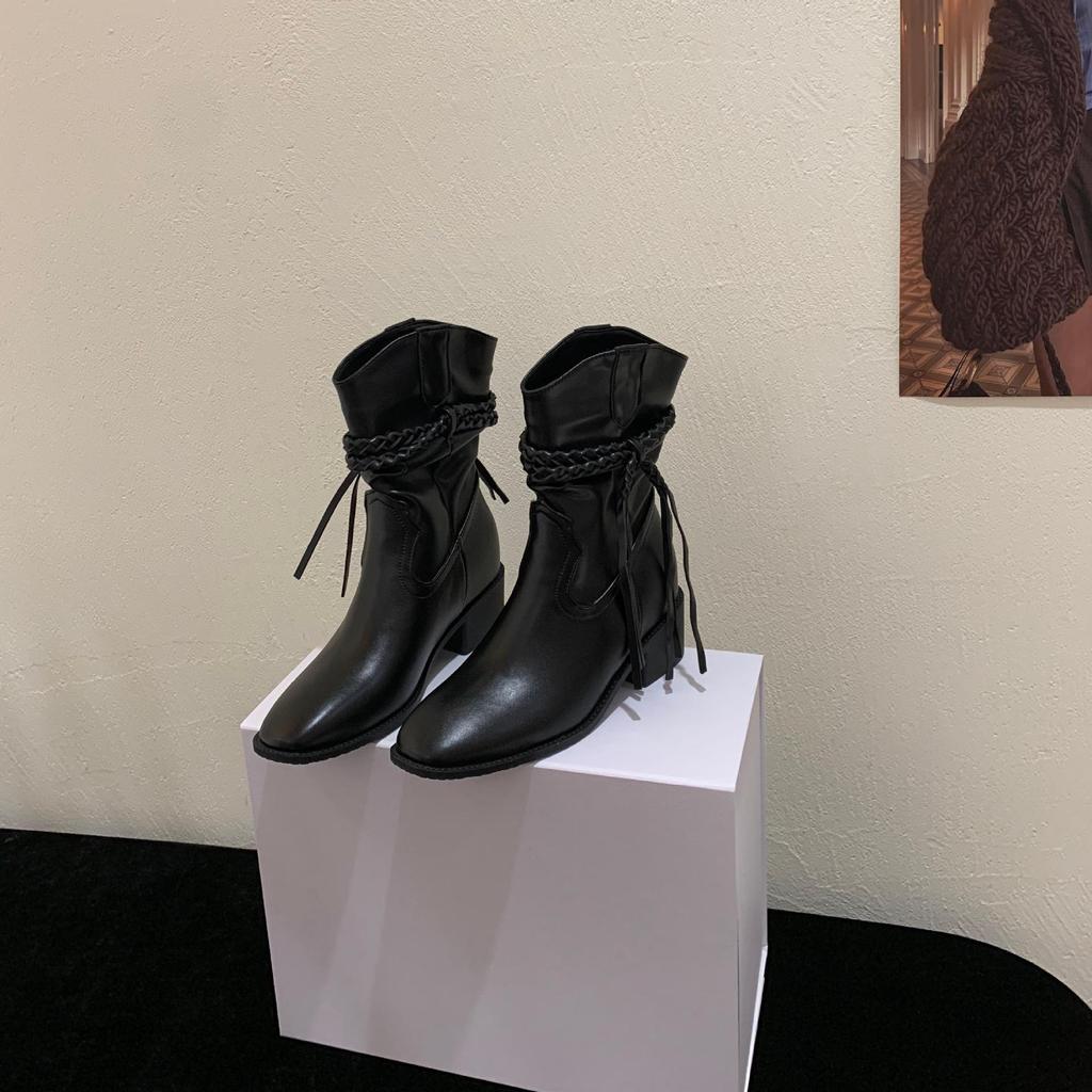 2025 осень и зима новые женские ботинки на толстом каблуке с кисточками, квадратный носок, внутренняя платформа, ковбойские ботинки в западном стиле, высокий каблук, рыцарские ботинки средней высоты