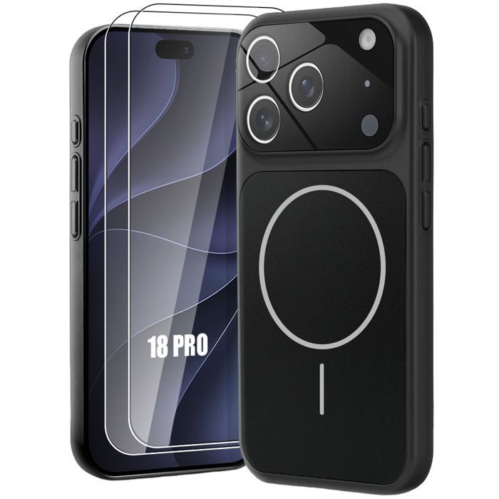Coque + 2 Verres Trempés pour iPhone 18 Pro, Rigide Anti-Rayures avec Cercle Magnétique - Noir