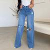 Spring Streetwear High-waist Ripped Denim Jeans For Women Casual Loose Wide-leg Denim Pants With Pockets Fashion Lady Trousers 25655