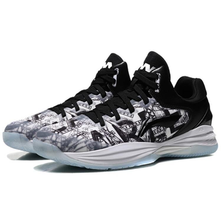 Li Ning Night Stalker Амортизация Баланс Низкие Баскетбольные Кроссовки Мужские Черно-Белые Граффити ABAN071-1