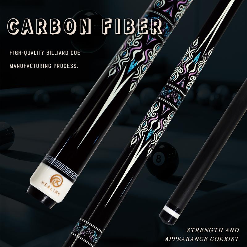 OKHEALING Black Technology Pool Cue Carbon Fiber Billiard Cue Sticks 11.8mm Tip Radial Pin Joint 147cm/58inch Length 19~20oz Weight