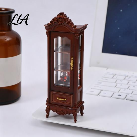 European Style Doll Mansion Accessory Miniature Curio Cabinet, 1/12 Scale Mini Wine Wooden Tiny Display Cabinet with Collectible Case Drawer,