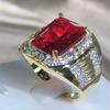 Винтажное кольцо King Gold Filled AAAAA CZ Red Zircon Luxury Помолвочные ювелирные изделия Обручальные кольца для мужчин Рок-вечеринка Кольцо на палец