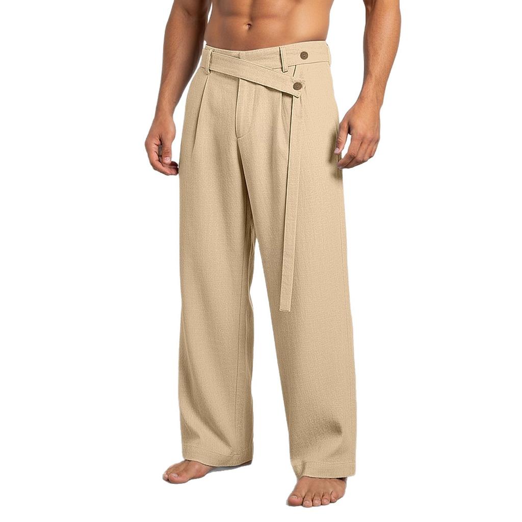 Men’s Fashionable Linen Asymmetrical Tie-Fastening Belt and Linen Casual Wide-Leg Trousers