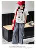 Girls' Summer Set 2026 New Children's Cartoon Printed Short Sleeve T-shirt Checkered Wide Leg Pants Two Piece Set Summer Clothes