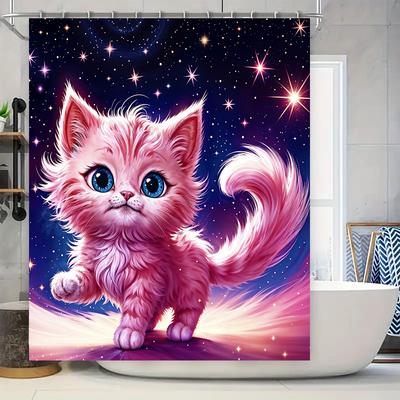 Причудливая розовая шторка для душа с котиком: Звездная Ночь Фэнтези Украшение для Декора Ванной Комнаты Идеальная Идея для Подарка (180x200 см)