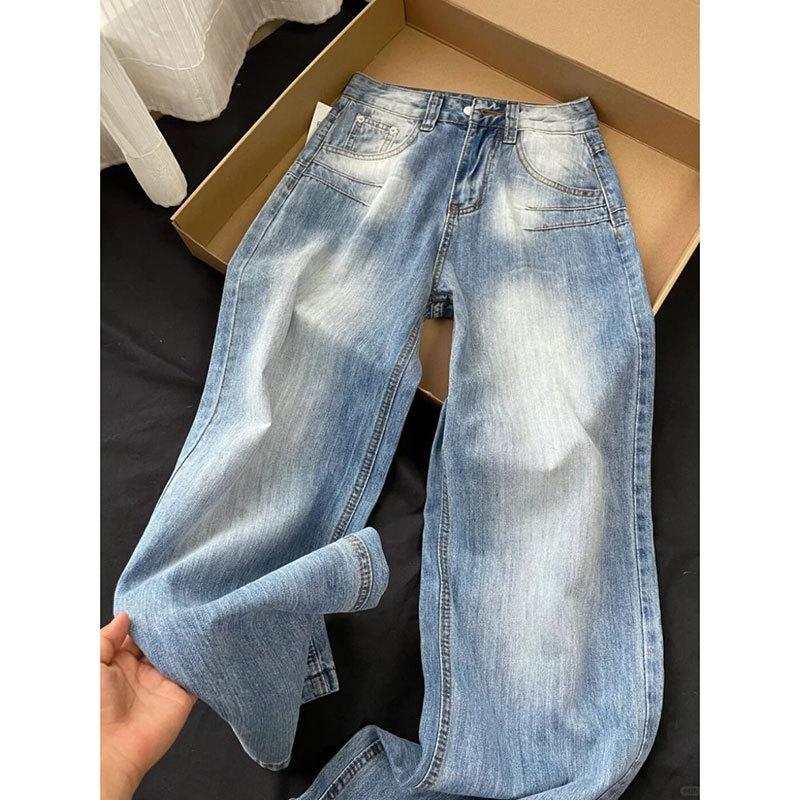 Design American high-waisted straight jeans women's large-size retro summer new fat mm loose and thin wide-leg pants