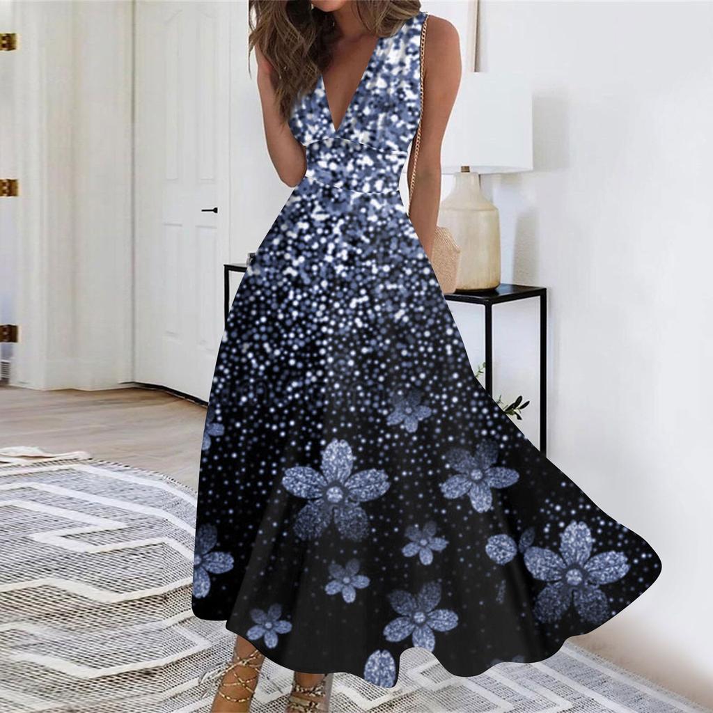 Женское длинное платье Платье макси Повседневное платье Летнее повседневное платье без рукавов с v-образным вырезом в стиле бохо с талией в стиле ретро с принтом