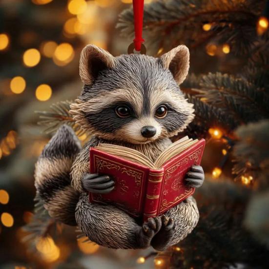 Cute Forest Fox/Raccoon Reading Ornament 2D Flat Acrylic Christmas Ornaments Woodland