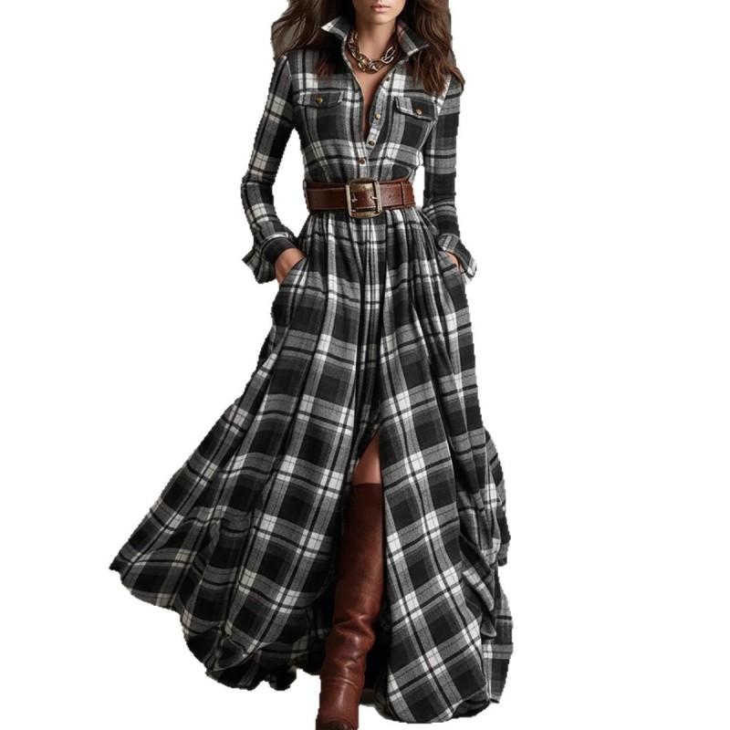 Womens French Vintage Plaid Long Dress With Lapel Collar Fit Knit Fabric 2025