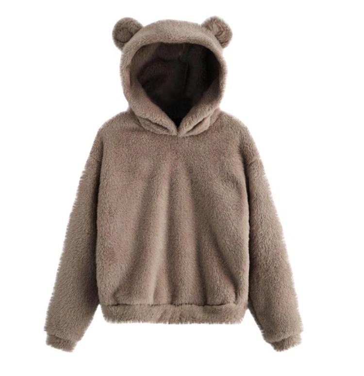 Women's Cute Bear Ears Plush Long Sleeve Hooded Sweatshirt Pullover Hoodies