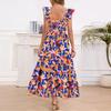 Women's Summer Dresses Casual Ruffled Ruched Tiered A-Line Boho Floral Long Beach Sundress With Pockets