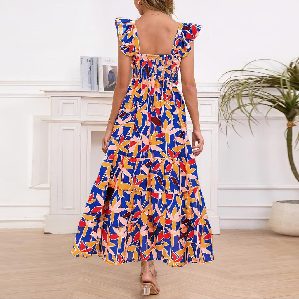 Women's Summer Dresses Casual Ruffled Ruched Tiered A-Line Boho Floral Long Beach Sundress With Pockets