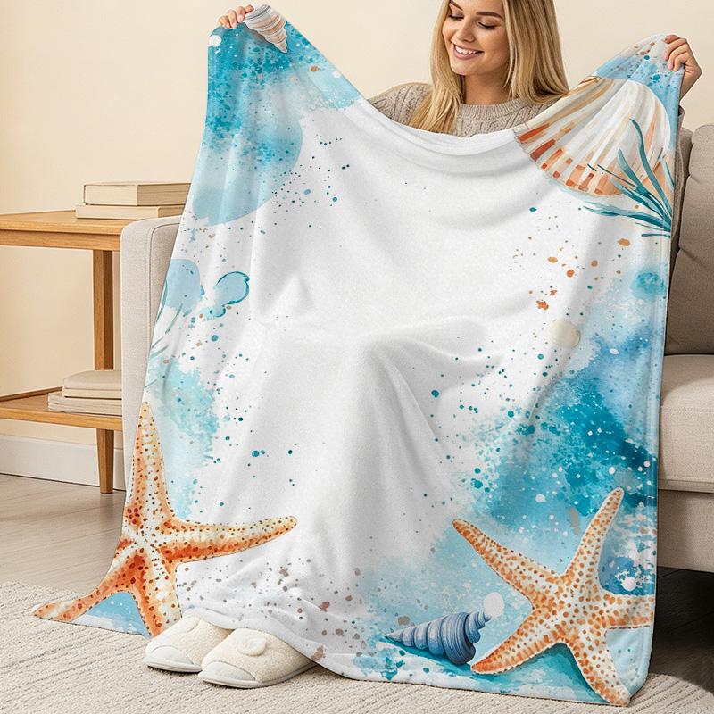 Lightweight Flannel Blanket – Soft Warm Ocean Theme Throw with Starfish & Seashell, Ideal for Home Relax, Bay Window Decor, Christmas & Halloween