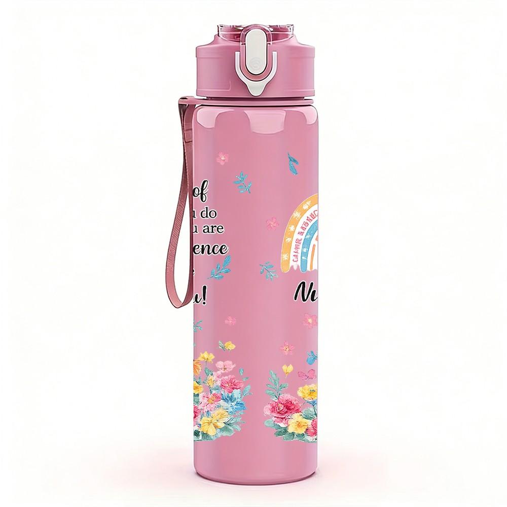 1PC Rainbow Flower Thankful Print 750ml Color Plastic Sports Water Bottle Leakproof Flip Straw Lid Suitable for Sports Office Home Use