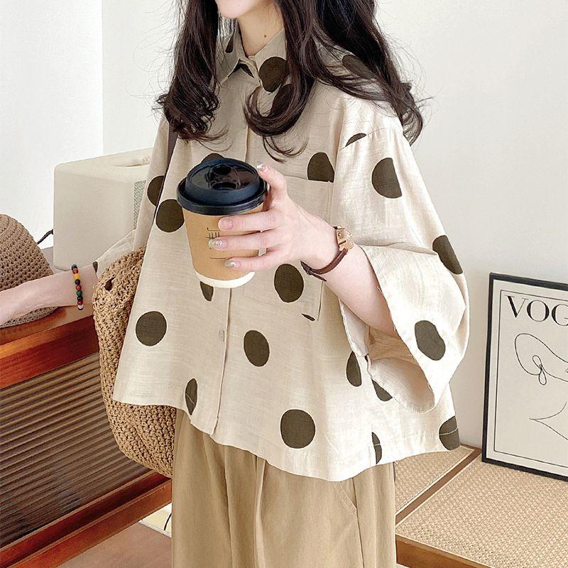 Plus Size Casual Loose Cotton Linen Shirts For Women Japanese Harajuku Style Short Tops Polka Dot Sleeves Shirt